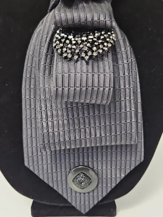 Statement Necktie Necklace Gray with Crystal Bow Pendant - Picture 4 of 5